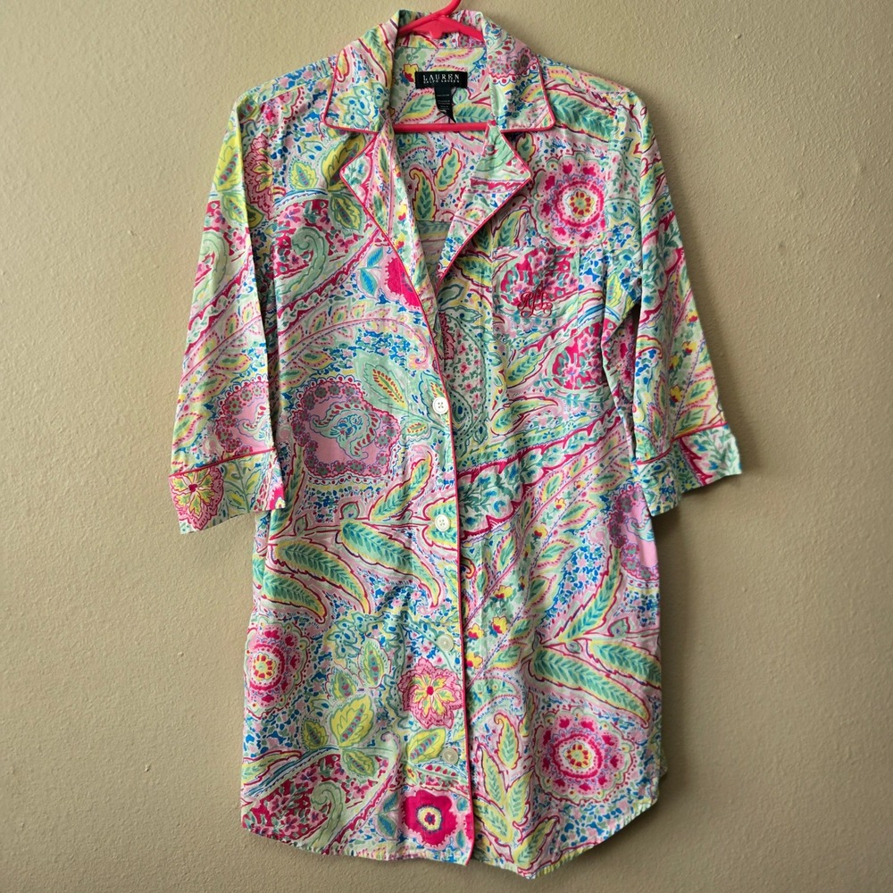 Lauren Ralph Lauren Womens Pink Paisley Cotton Button Front Nightshirt Medium